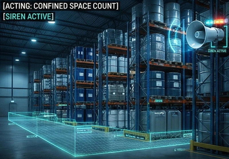 TensorVox non-smoker AI monitoring triggering fire suppression in restricted chemical zones