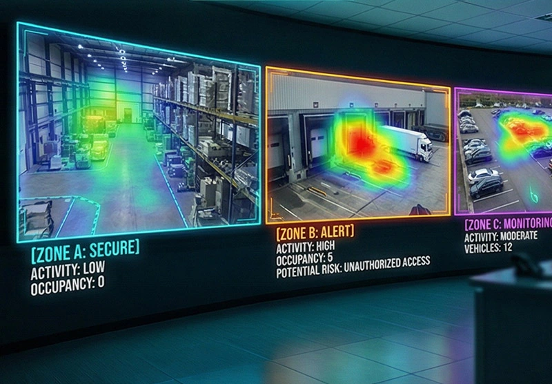 Multi-zone analytics dashboard for global restricted area monitoring oversight